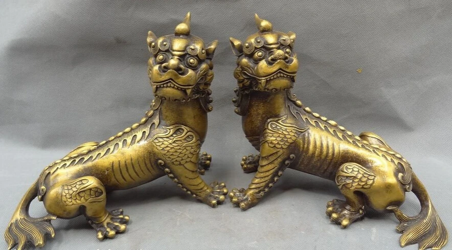 

song voge gem S4059 9" Chinese Bronze FengShui Protect Kylin Unicorn Lion Head Statue Pair Sculpture