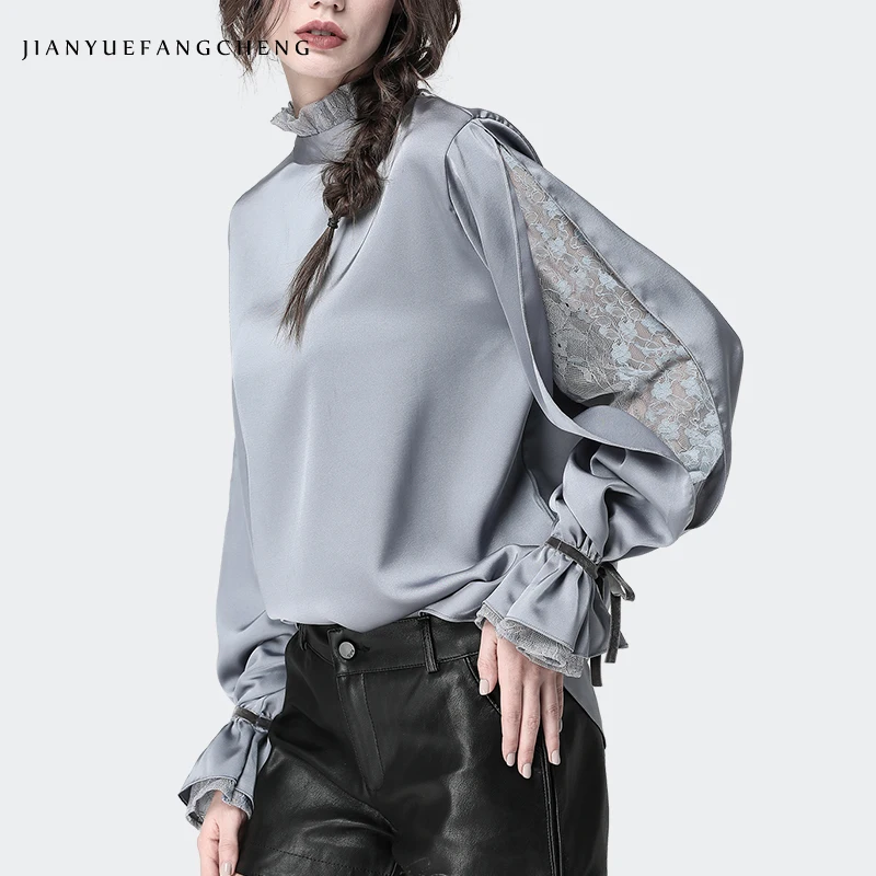 Beste Satijn Vrouwen  Blouse Stand Ruches Kraag Split Kant Mouw Losse Plus Size Dames Tops Mode Nieuwe 2019 Vrouwelijke Tops En blouses