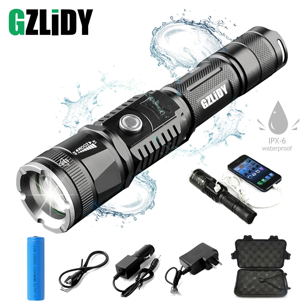 

Rechargeable LED Flashlight Super Bright 5 Light Mode Zoomable Waterproof Tactical Torch Can Charge The Phone Use 18650 Battery