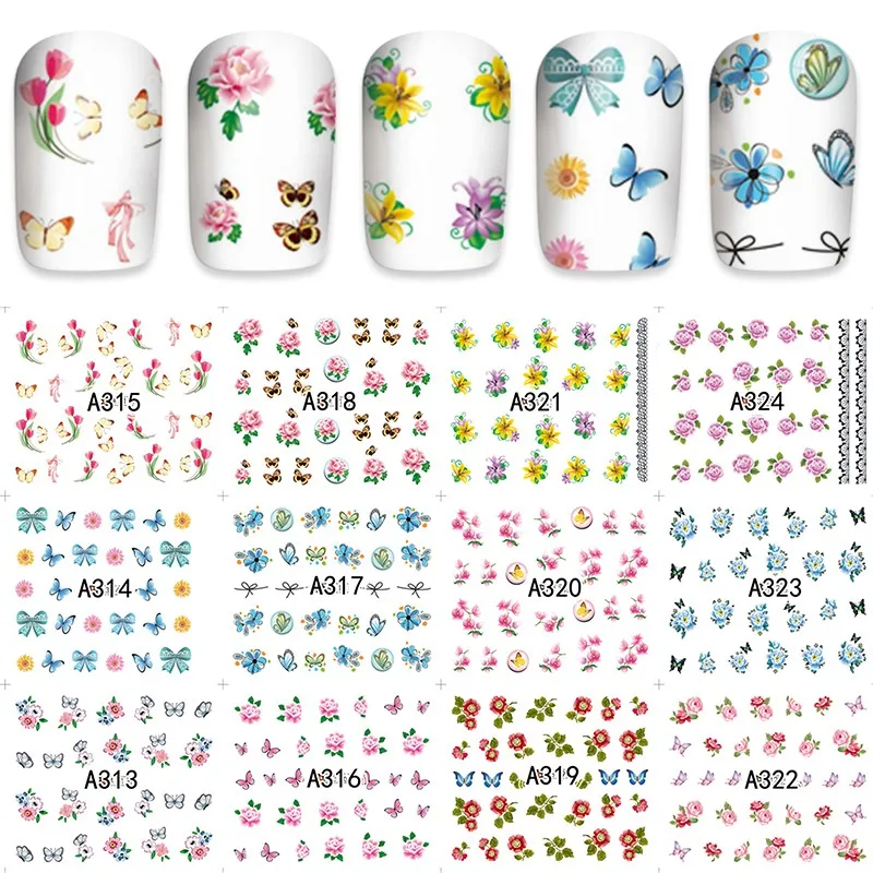 12 листов красота цветок бабочка дизайн ногтей переводная наклейка на ногти
