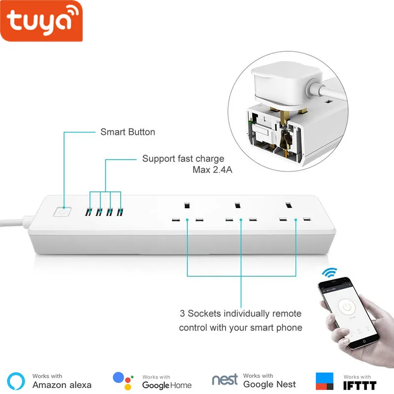 

WIFI smart power strip UK standard with 3 wifi plug and 4 USB port compatible with Amzon Alexa and Google Nest