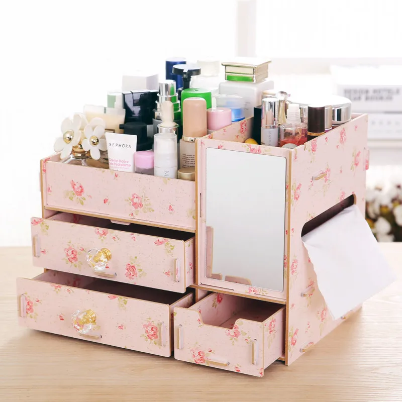

Wooden Chest of Drawers Cosmetics Storage Box Multi-layer Compartment Jewelry Box Sundries Storage Organization With Mirror
