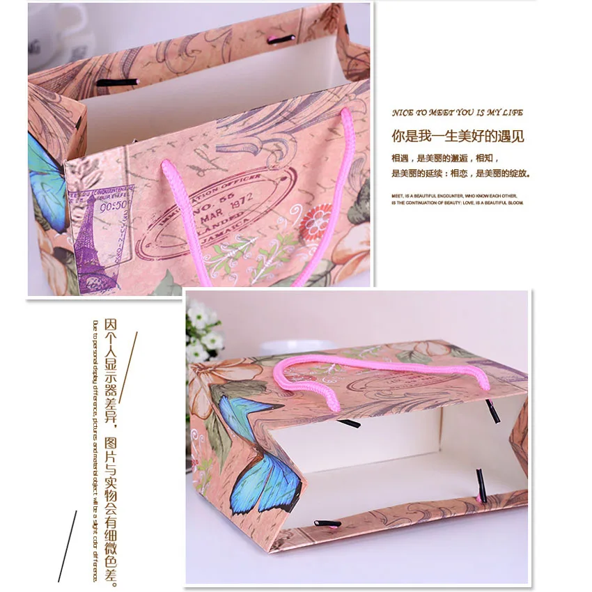 Bolsa de Papel com Alças Bolsa com Alças Lote Bonito Europeu Borboleta Flor Decoração Kraft Papel Presente 19x14x8cm 10 Pçs - 8 High Quality Material escolar e de escritório