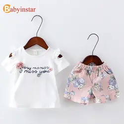 Babyinstar/Комплекты одежды для девочек 2018 прекрасный письма печатаются с плеча футболка + цветочные короткие штаны 2 шт. костюмы для детей