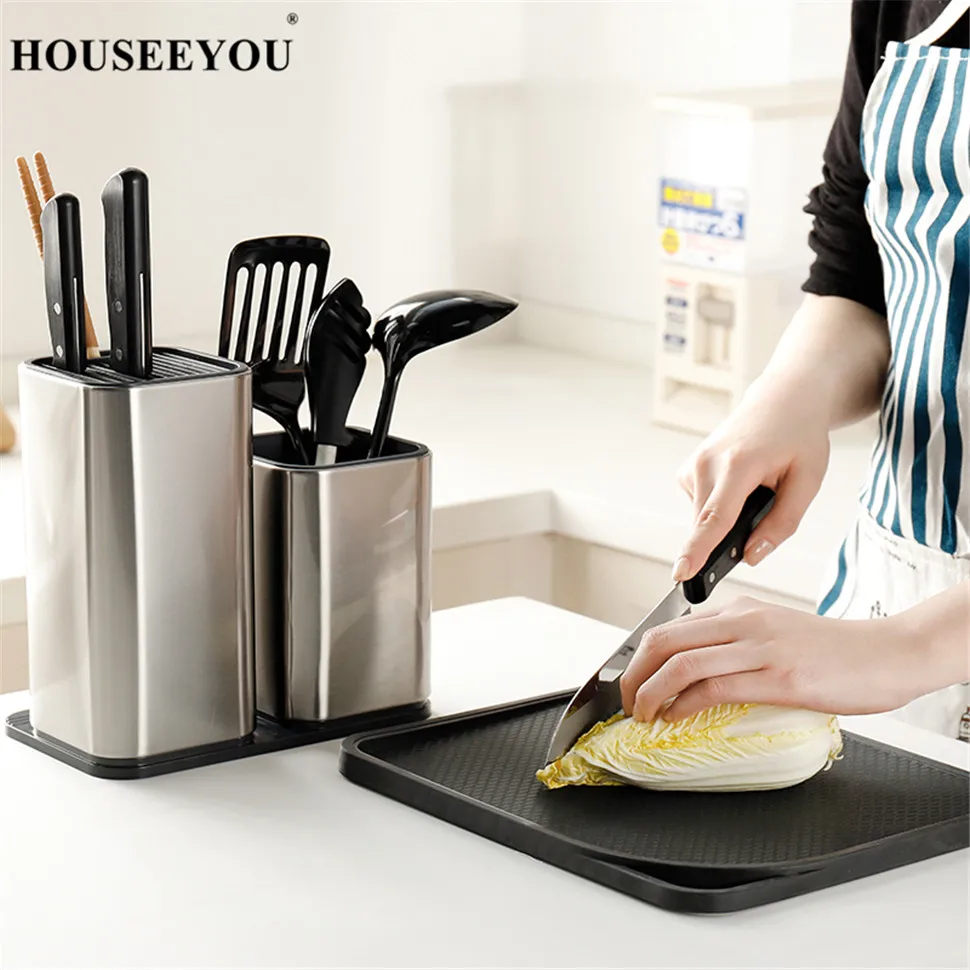 HOUSEEYOU Stainless Steel Kitchen Knife Block Holder Stand with Chopping Cutting Board Multifunctional Kitchen Storage Organizer 05