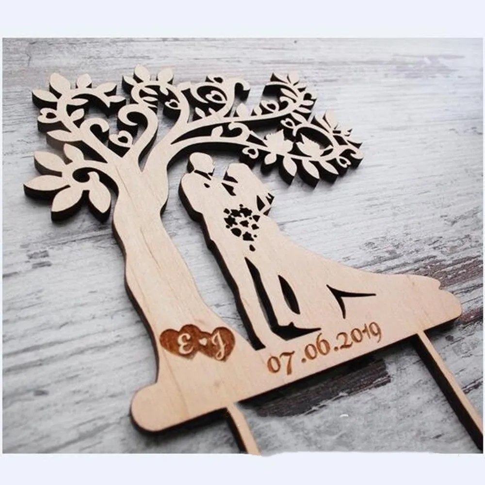 Пользовательские пару имена с датой торт Топпер, деревянный brial жених и узор деревянные украшения топперы вечерние события вечерние поставки
