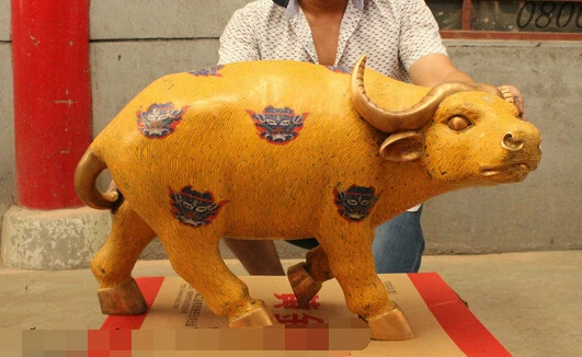 

004022 26" China Royal FengShui Bronze Copper Gilt Cloisonne Enamel Bull Ox Oxen Statue