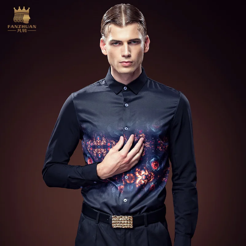 

FANZHUAN Featured Brands Clothing Designer Trendy Autumn Long Sleeve Stretch Slim Fashion Print Mens Shirt