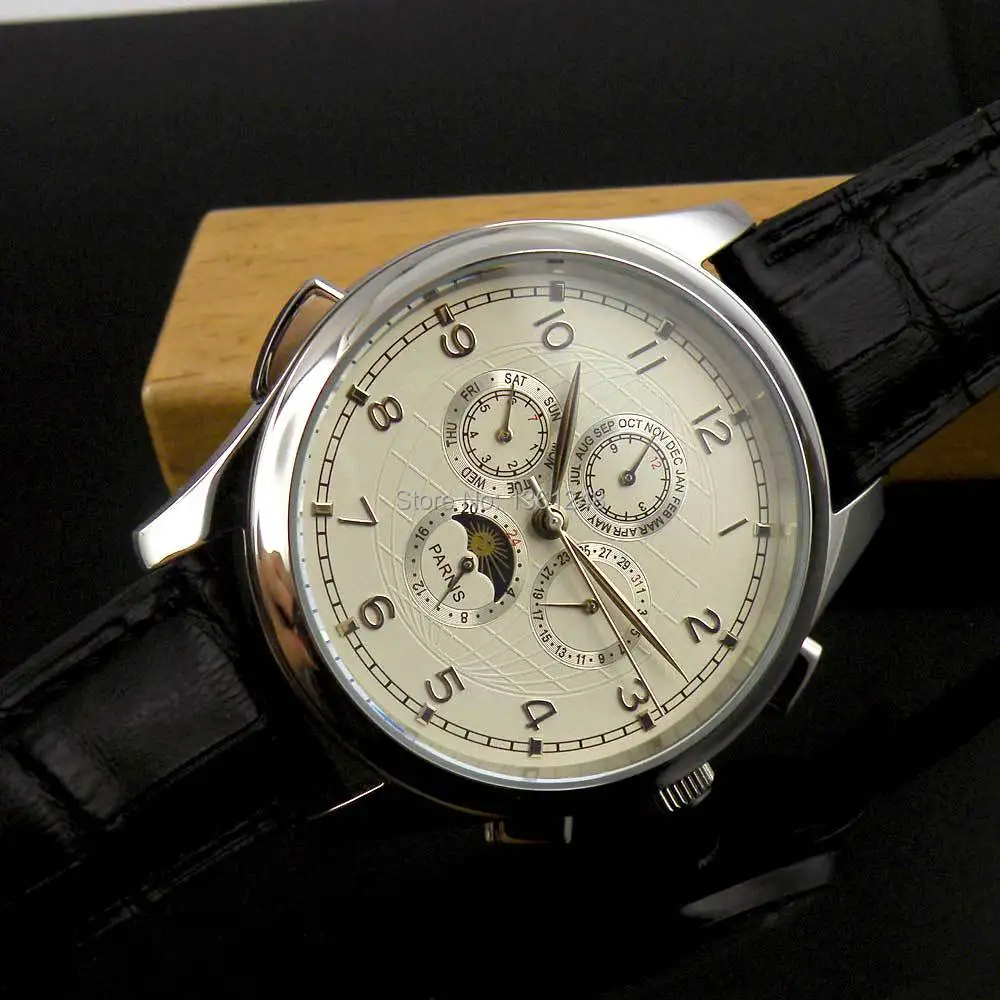 

44mm white dial silver numbers parnis automatic movement mechanical multi-function mens watch17