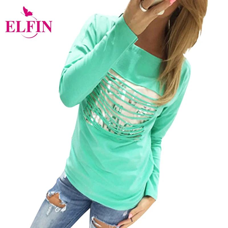 

2016 Fashion Women Front Hollow Out Long Sleeve T Shirt O Neck Women Tops Casual T-Shirts plus size LJ1238R