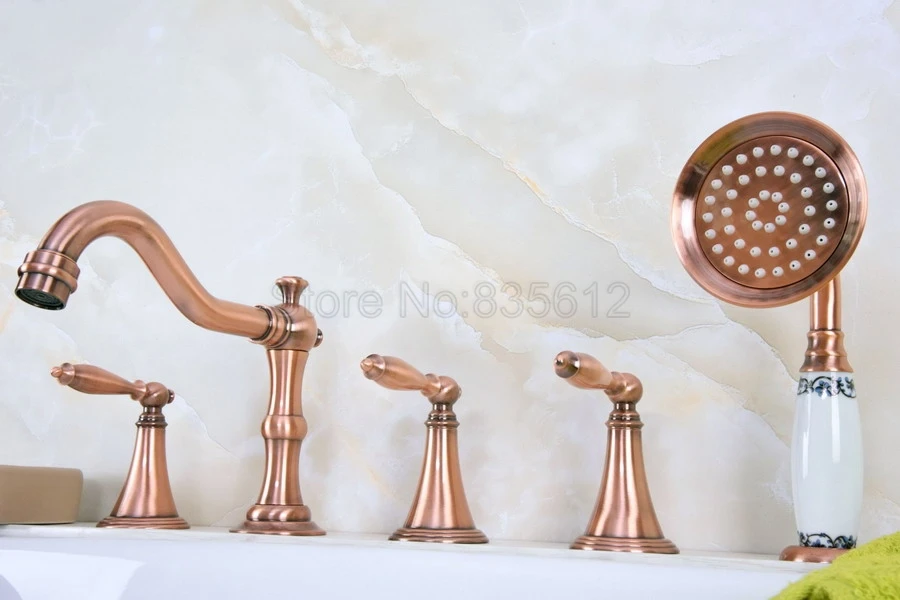 Bathtub Shower Faucets Antique Red Copper 5 hole Basin Sink Taps Three