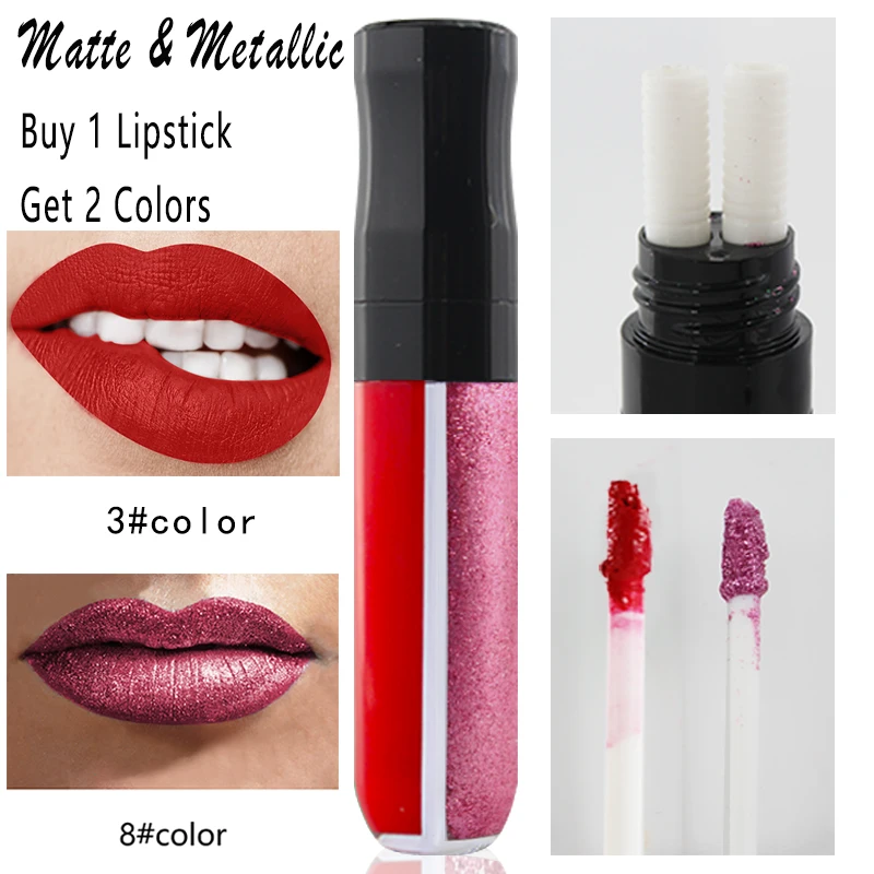 

8009 One tube two-color One side is pearlescent, one side is matte lip gloss Waterproof non-stick cup does not fade long-lasting