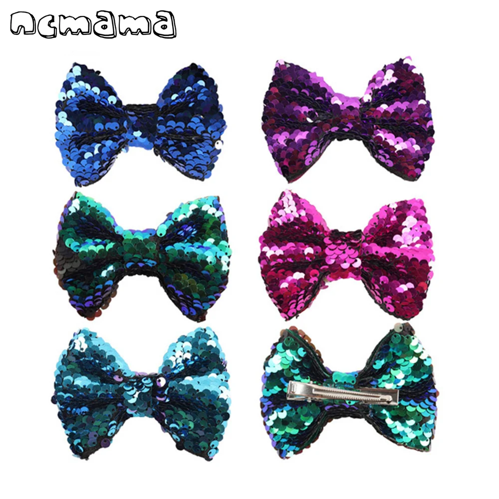 

2 Pcs/Lot 4" Rainbow Reversible Hair bows for Girls Double-Side Glitter Sequin Bow Barrette Kids DIY Hair Clip Hair Accessories
