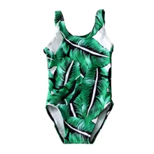 Детский купальный костюм, цельный купальный костюм с принтом пальмовых листьев для маленьких девочек, пляжная одежда милый купальный костюм с открытой спиной