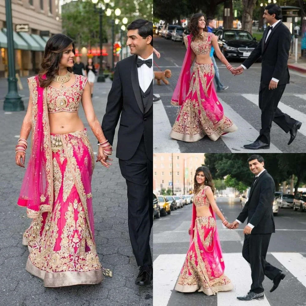 2016 Chic Two Pieces Indian Mermaid Wedding Dress Appliqued V Neckline Beaded Floor Length