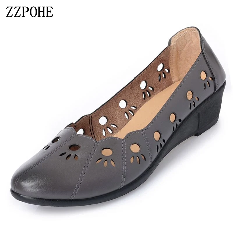 baratas ZZPOHE Mulher 2018 Sapatas do Verão de Couro Genuíno Sandálias Da Moda Causal Suave Deslizamento Confortável Em Cunhas Sapatos Mãe das Mulheres
