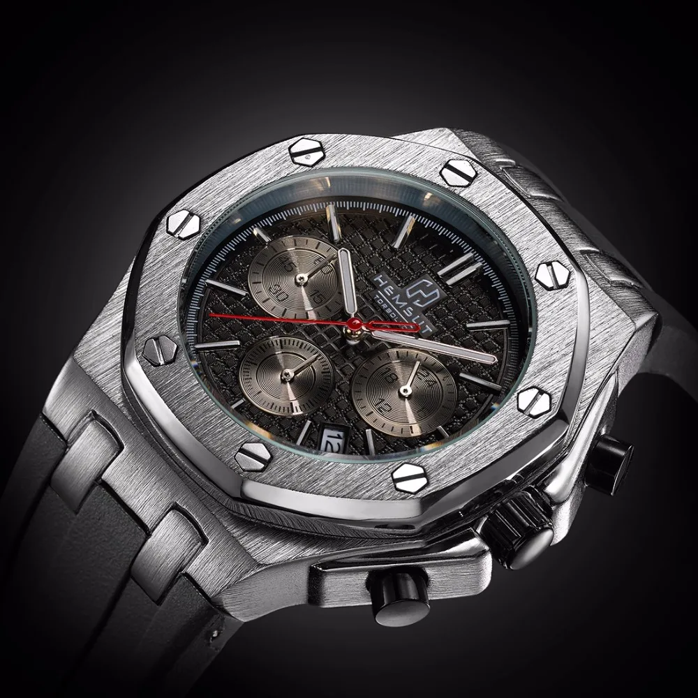 Brand New Men Watch Quartz Watch Gold Rubber Band 3ATM Water Resistant Chronograph Mens Quartz Wrist Watch