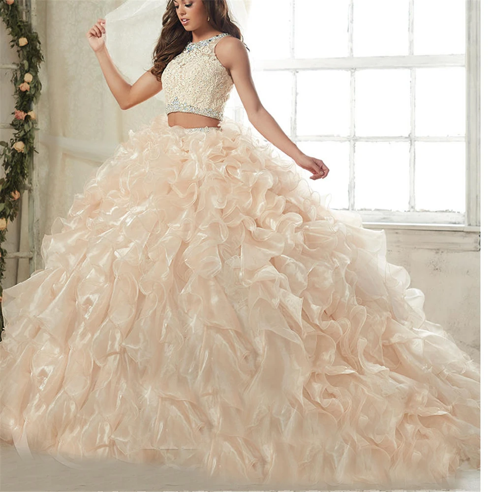Vestido бальное платье из двух частей, с бисером, органза, со шлейфом, пышное платье, Vestidos 15, Vestido Vestidos De Quinceanera