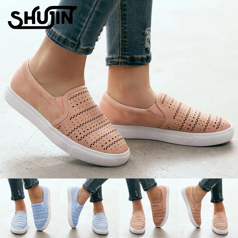 

SHUJIN Women Breathable Vulcanize Shoes Round Toe Casual Slip-on Flat Shoes Breathable Sports Sneakers Female Walking Sneakers