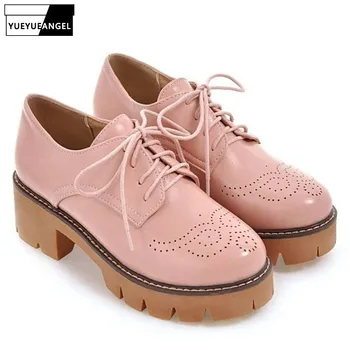

2019 Autumn Brogue Thick Heel Platform Womens Pumps Lace Up Wing Tip PU Leather Shoes Big Size Retro Casual Ladies Oxford Shoes