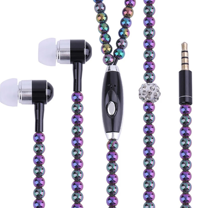 

Pearl Necklace Earphone In-Ear Pink Rhinestone Necklace Jewelry Beads Earphones with Mic for Samsung Xiaomi Brithday Girls Gifts