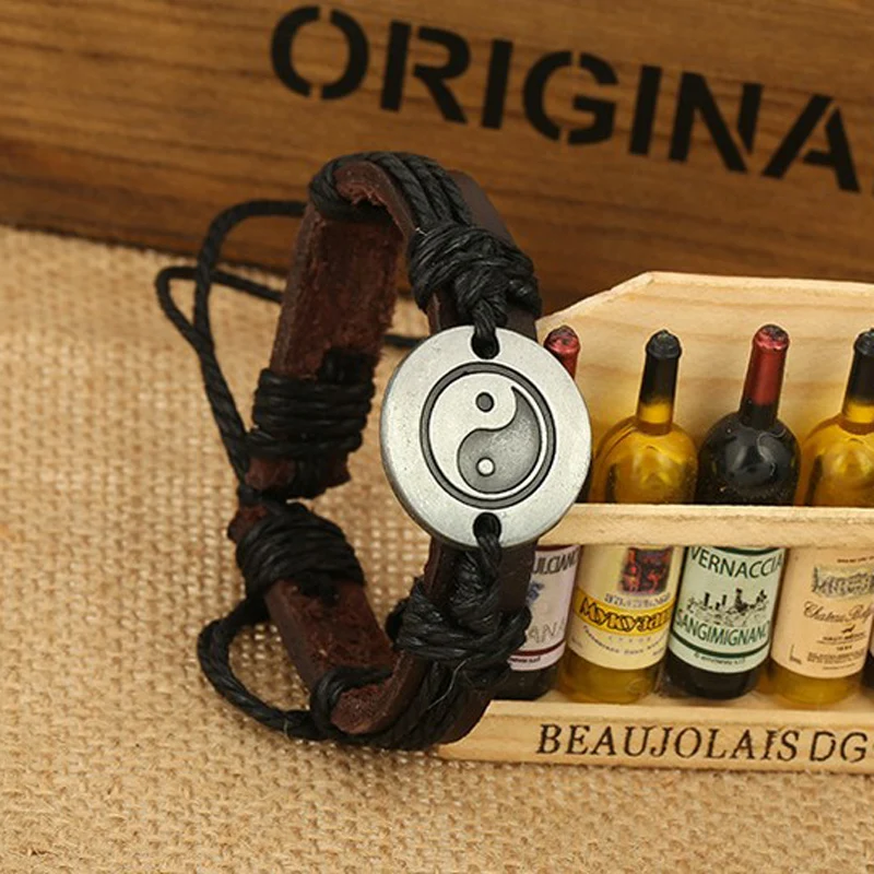 Charms Unisex Leather Bracelet Shellhard Punk Handmade Braided Wristband Yin Yang Bracelets & Bangles For Women Men Jewellery