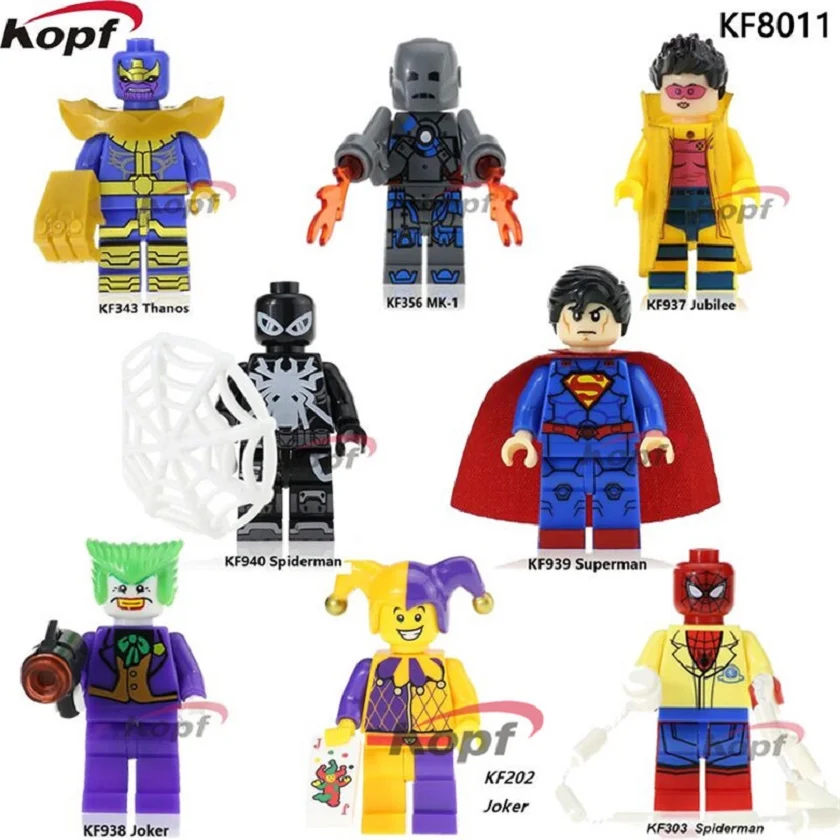 

20Pcs Building Blocks Super Heroes Harley Quinn Joker Thanos Jubilee MK-1 Spider-man Bricks Figures Toys for children KF8011