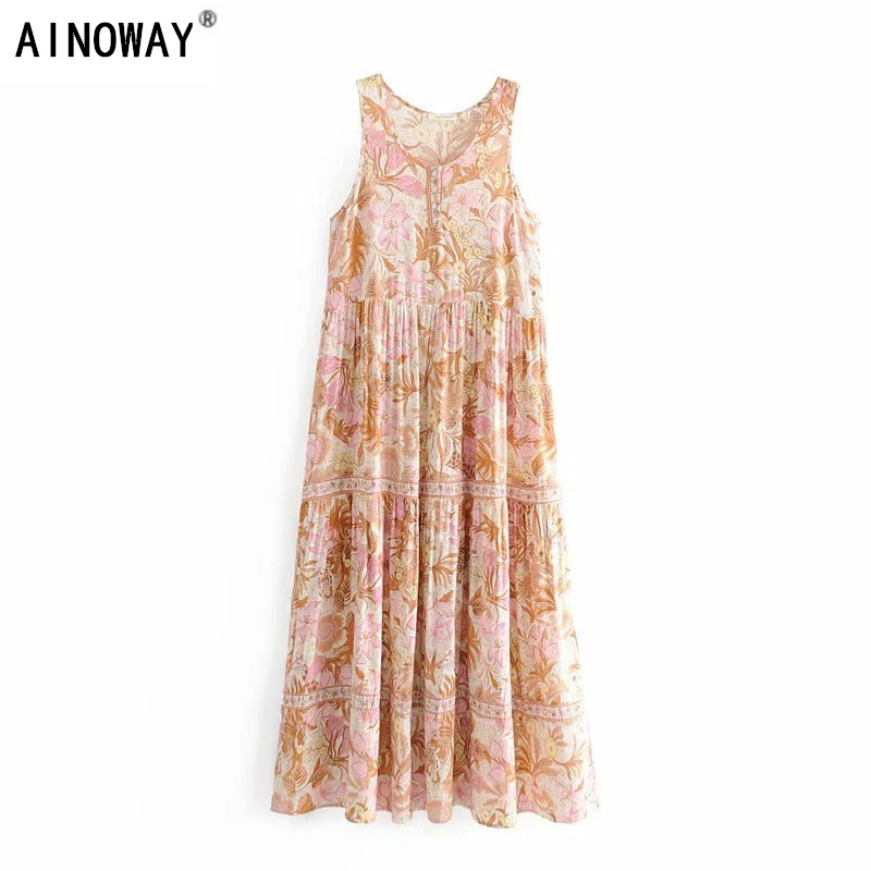 

Vintage chic women floral print sleeveless beach Bohemian Spaghetti Strap maxi dress Ladies Summer Boho dress vestidos