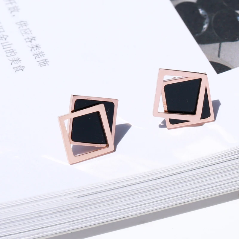 Yun ruo Новое поступление модная черная циркониевая серьга с бриллиантами розового золотистого цвета женский подарок титановая сталь ювелирные изделия никогда не выцветают