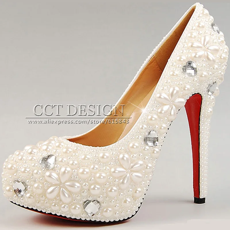 

Handmade White Ivory Pearl Wedding Shoes Gorgeous Diamond Bridal Shoes Sexy Women Dress Shoes