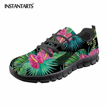 

INSTANTARTS Tropical Plant Printing Casual Lace Up Sneaker Shoes Women Spring Summer Breathable Flat Shoes Comofort Mesh Flats