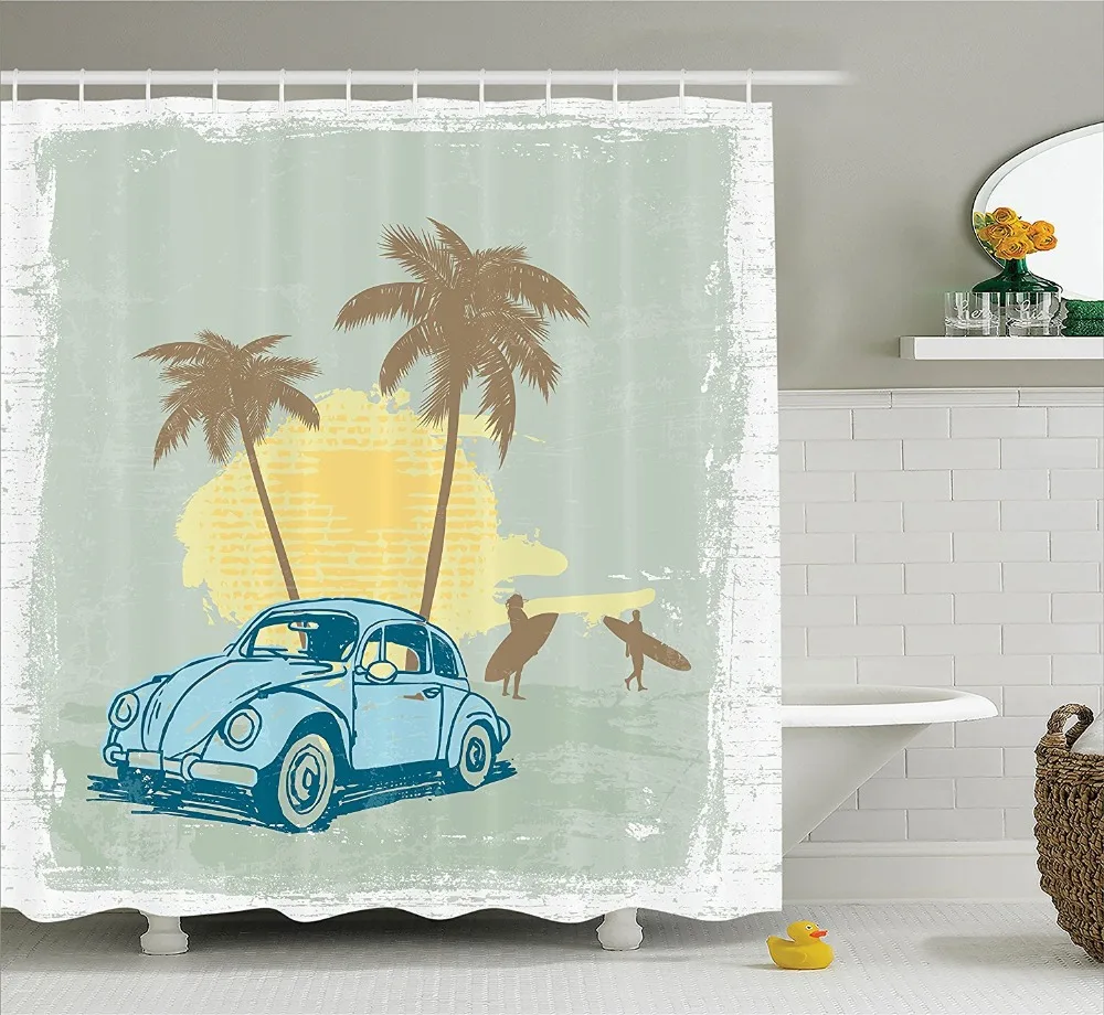 

Shower Curtain Funny Summer Illustration With Vintage Car Sunset Printing Waterproof Mildewproof Polyester Fabric Bath Curtain