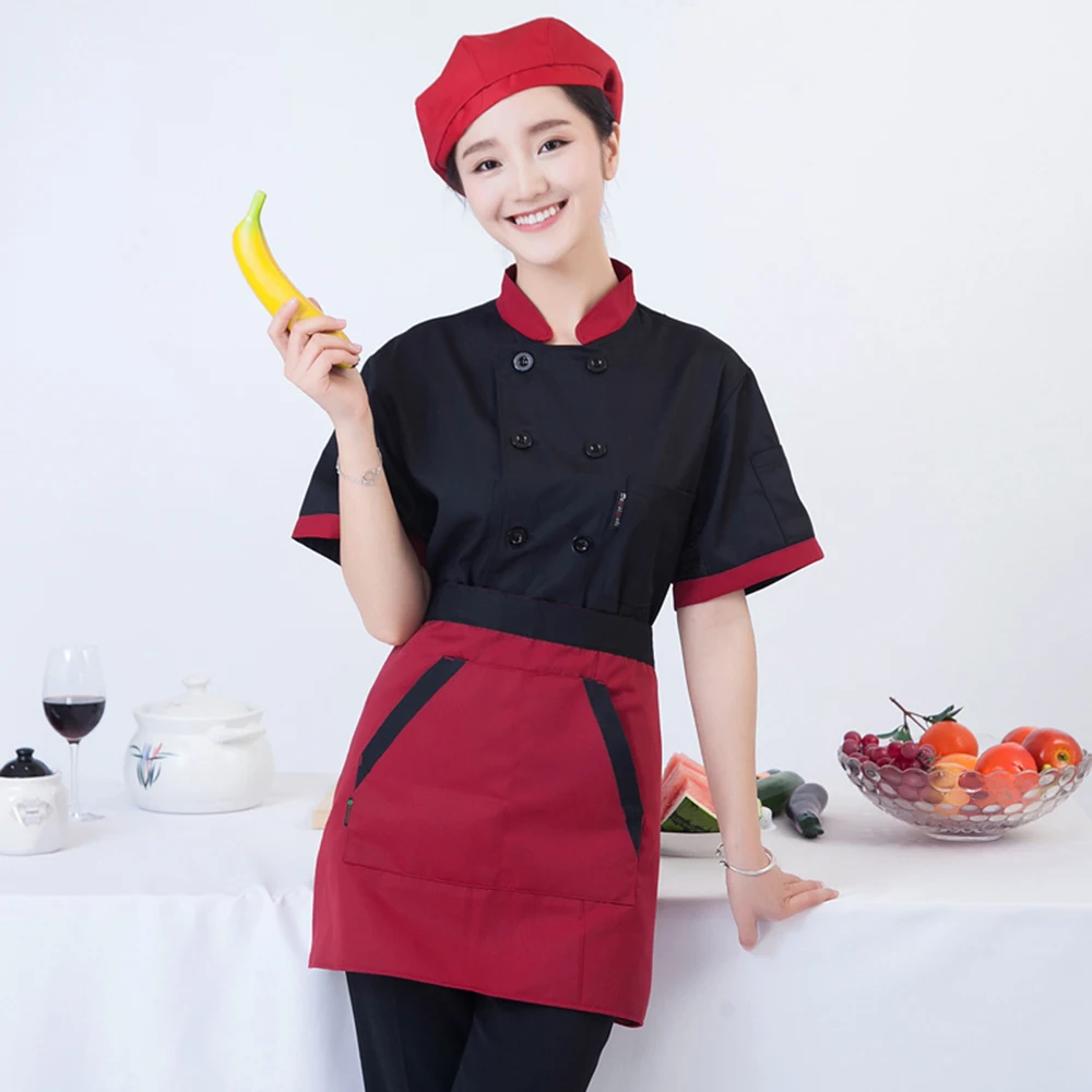 Новая оптовая продажа женские мужские с коротким рукавом двубортная Лоскутная кухня пекарня суши верхняя одежда для повара Спецодежда
