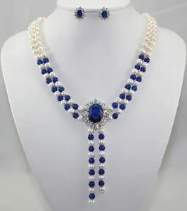 

Free shipping2 color white pearl blue red jade necklace crystal pendant earring set A406 (A0423)