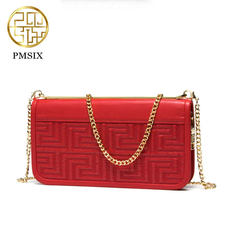 

Pmsix 2017 New Women Evening Bags Luxury Cow split Leather Cowhide Embossed Chain Cluch Bags Black/Red P420019
