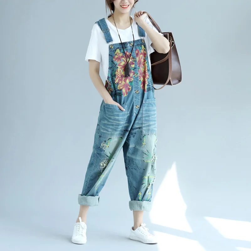 

The New Women 2018 Loose Plus Size Jean Jumpsuits Big Pockets Overalls Wide Leg Long Pants Strap Floral Print Denim Trousers