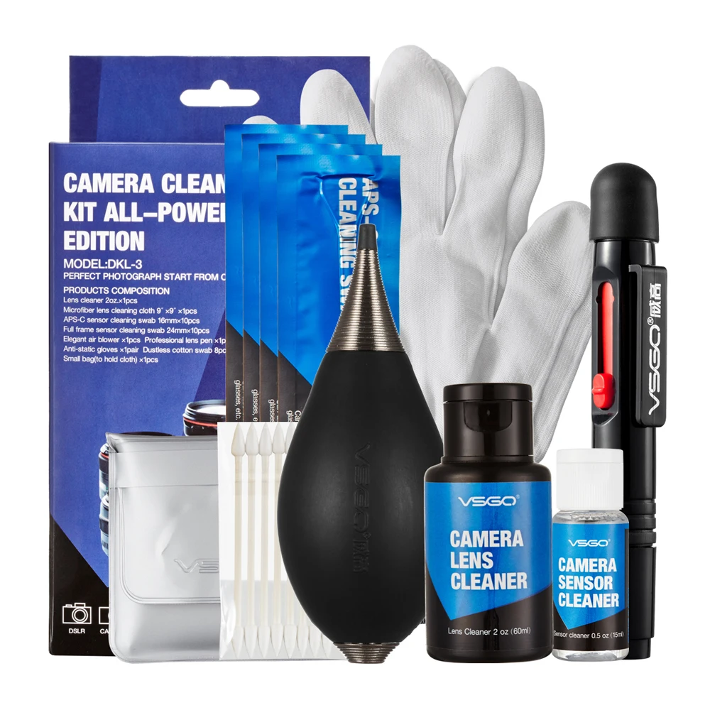 VSGO Professional Camera Cleaning Kit With Lens Cleaning Pen APS-C Full Frame Sensor Swab Air Blower Cleanser Glove and Cloth. must have cleaning kit for digital camera air blower cloth brush spray