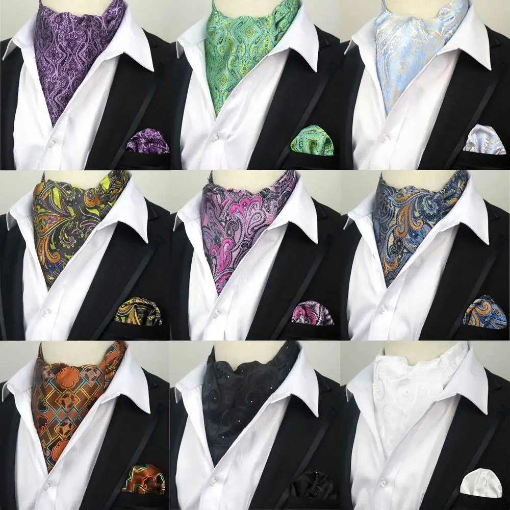 

LJT01 15-23 Men's Luxury 100% Silk Ascot Cravat Tie & Handkerchief Set Plaids Paisley Pocket Square Tie Sets For Wedding Party