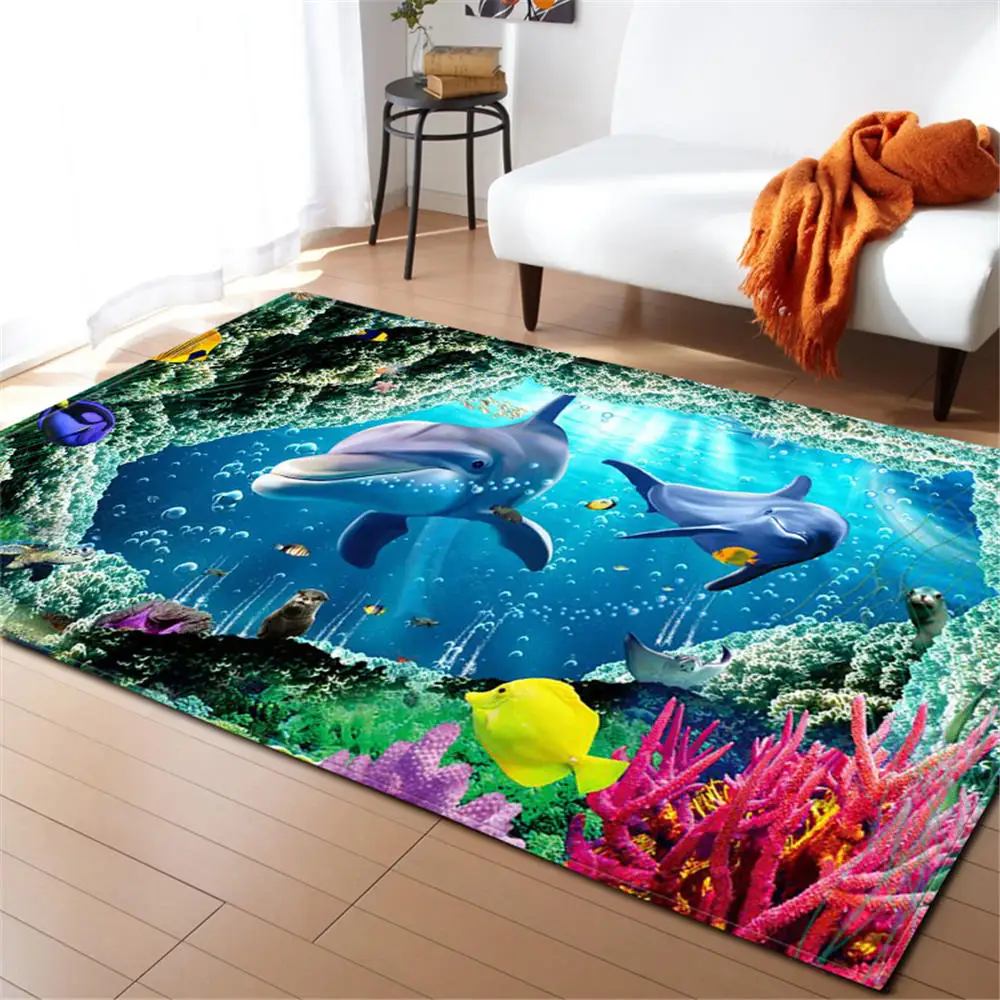 3D Ocean World Shark Area Rug Children Theme Room Decoration Rugs Memory Foam Non-Slip Mats Soft Flannel Carpet Living Room