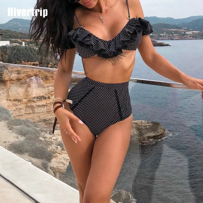 

Rivertrip Ruffle Bikini High Waist Swimwear Women Dot Printing Swimsuit Sexy Beachwear Push Up Bathing Suit Women 2019 Bikinis