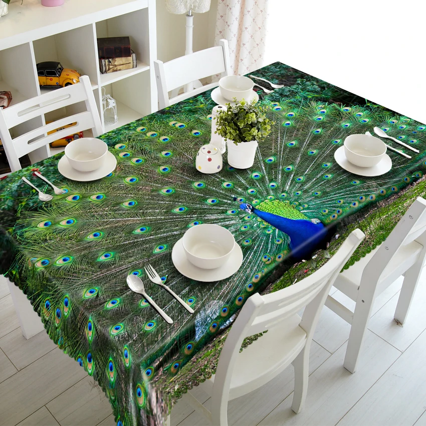 

3D Beautiful Peacock Tablecloth Cute Parrot Pattern Waterproof Thicken Rectangular and Round Table Cloth for Wedding