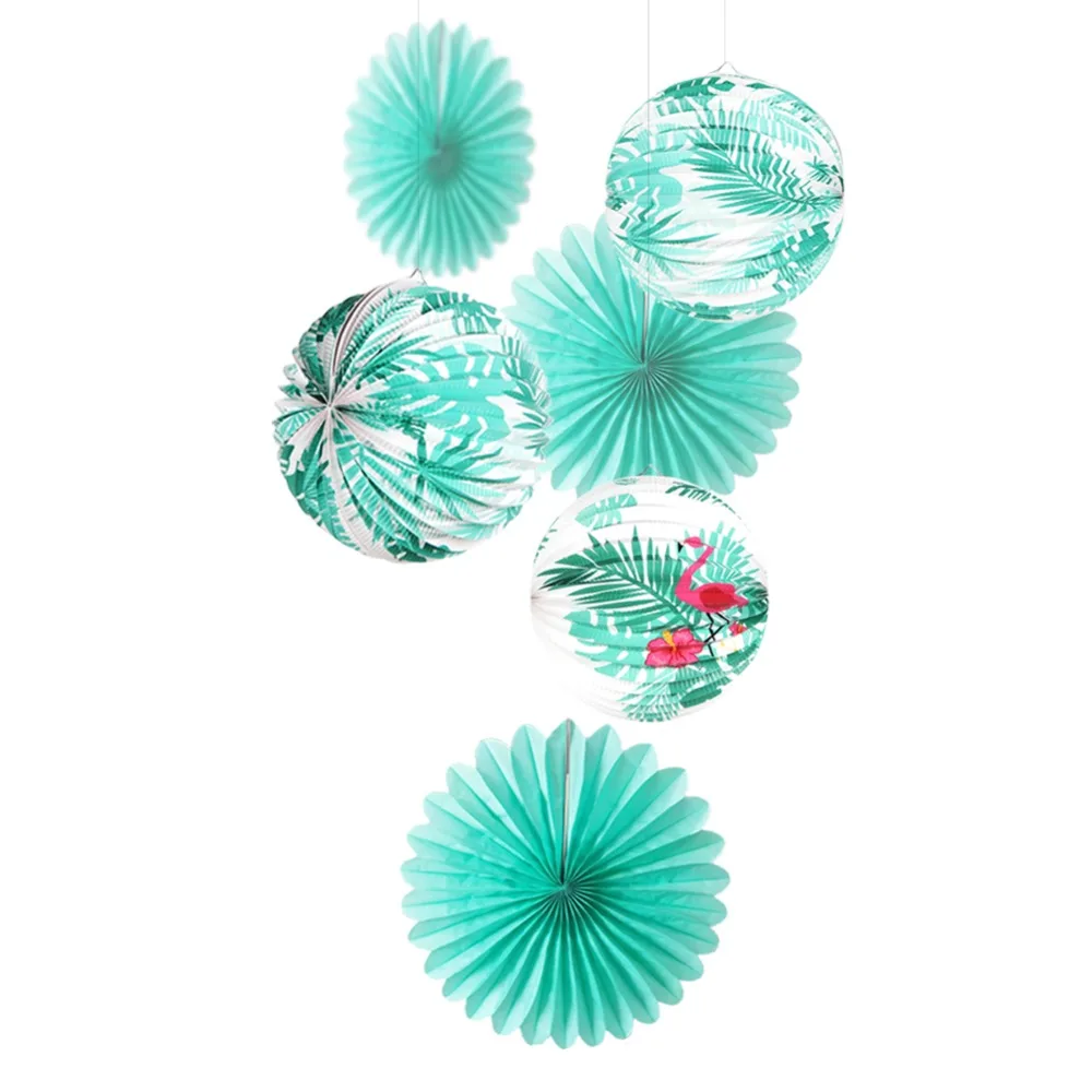 

6pcs Mint Green Hawaiian Party Decoration Set Flamingo Palm Leaves Accordion Paper Lanterns Tissue Paper Fans Wedding Luau