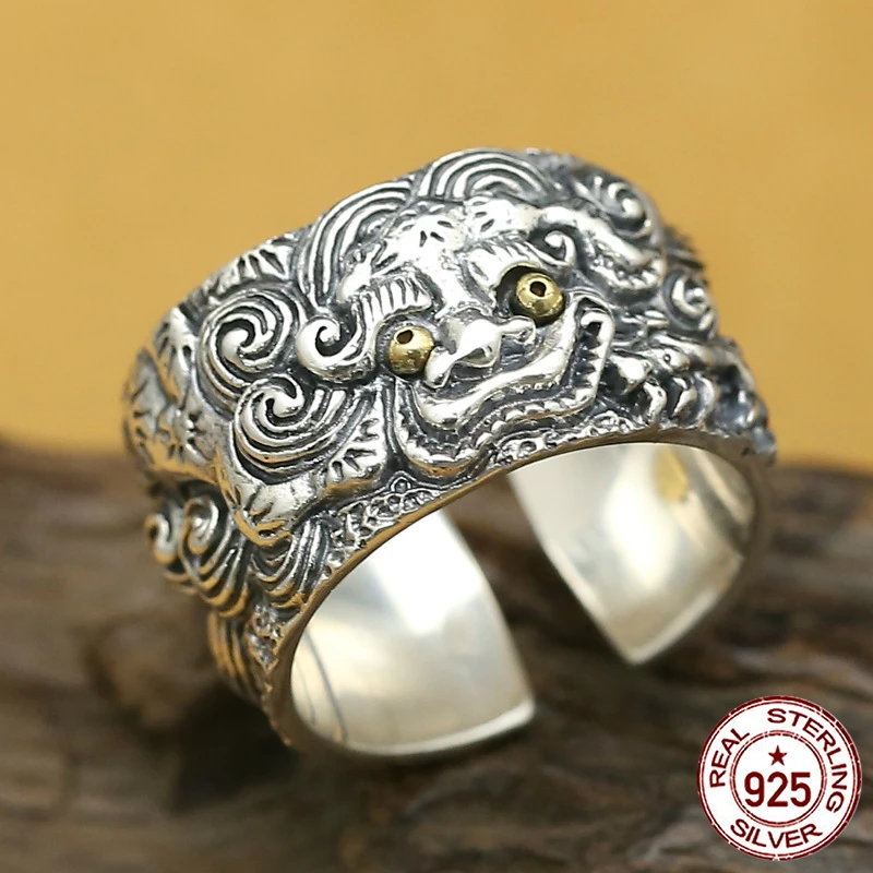 

100% S925 sterling silver men's ring personality fashion retro punk jewelry carved Chinese style animal beast shape to send gift