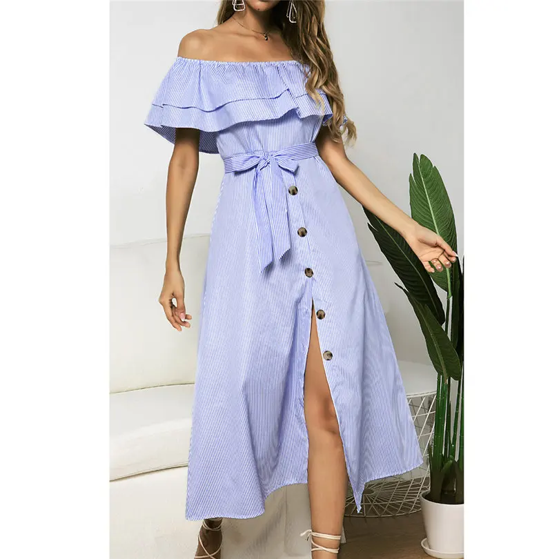 Plus Size New Fashion Women Summer Casual Daily Sexy Off Shoulder Button Dress Short Sleeve Slash Neck Striped Dress #4A18 (11)