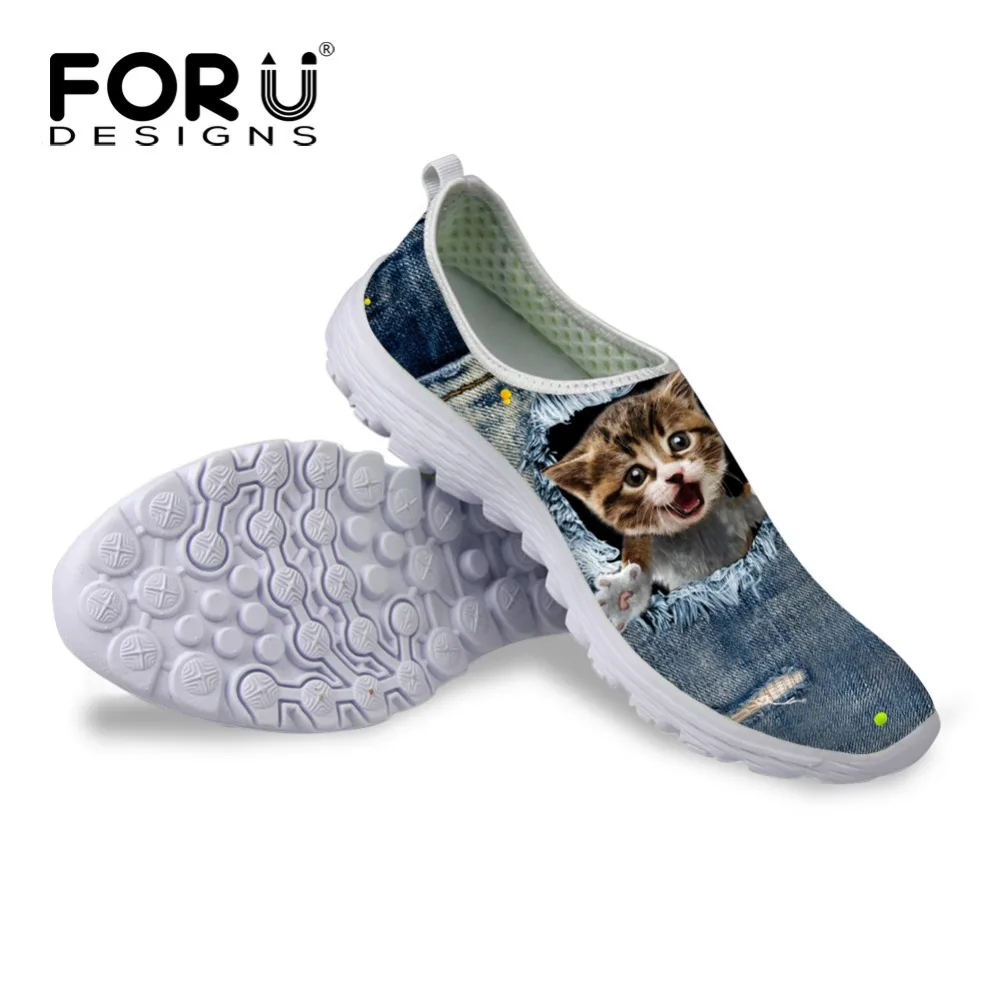 FORUDESIGNS/Новинка года; женская летняя легкая обувь без шнуровки; модная обувь на плоской подошве с сеткой; милые джинсы с принтом кота; женская обувь на плоской подошве