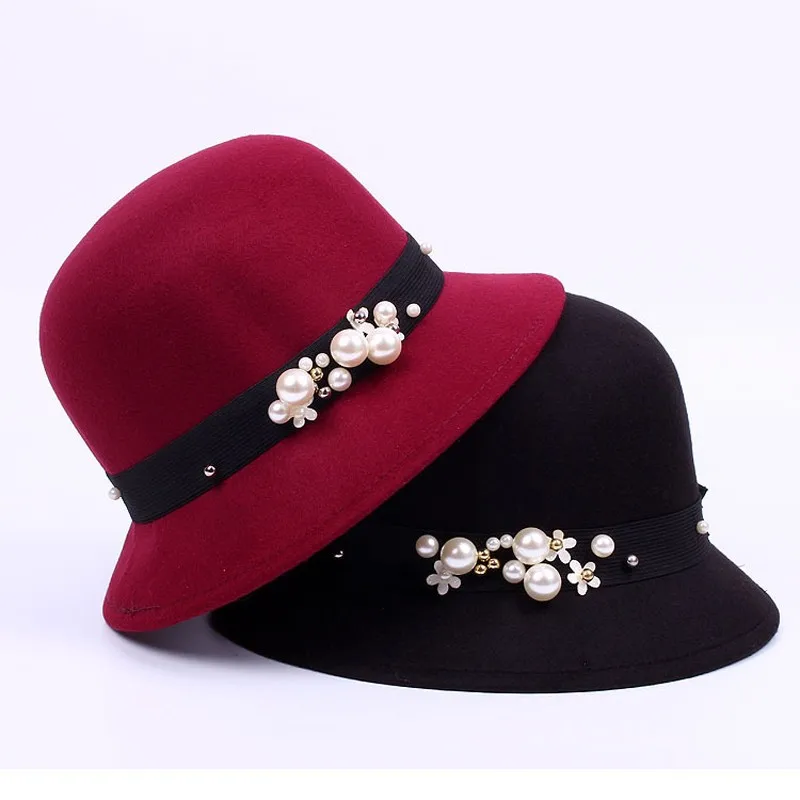 Модная винтажная формальная Шляпа Fedora Sombrero элегантная дамская модная зимняя женская черная шляпа с жемчугом