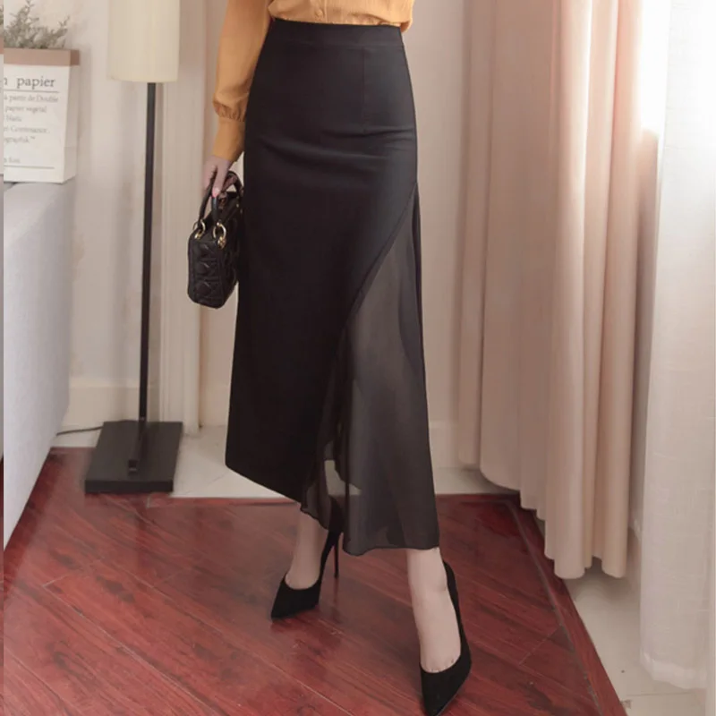 

2019 summer spring Women transparent patchwork long Skirt Solid Work Wear Package Hip Pencil maxi Skirt Bodycon Femininas