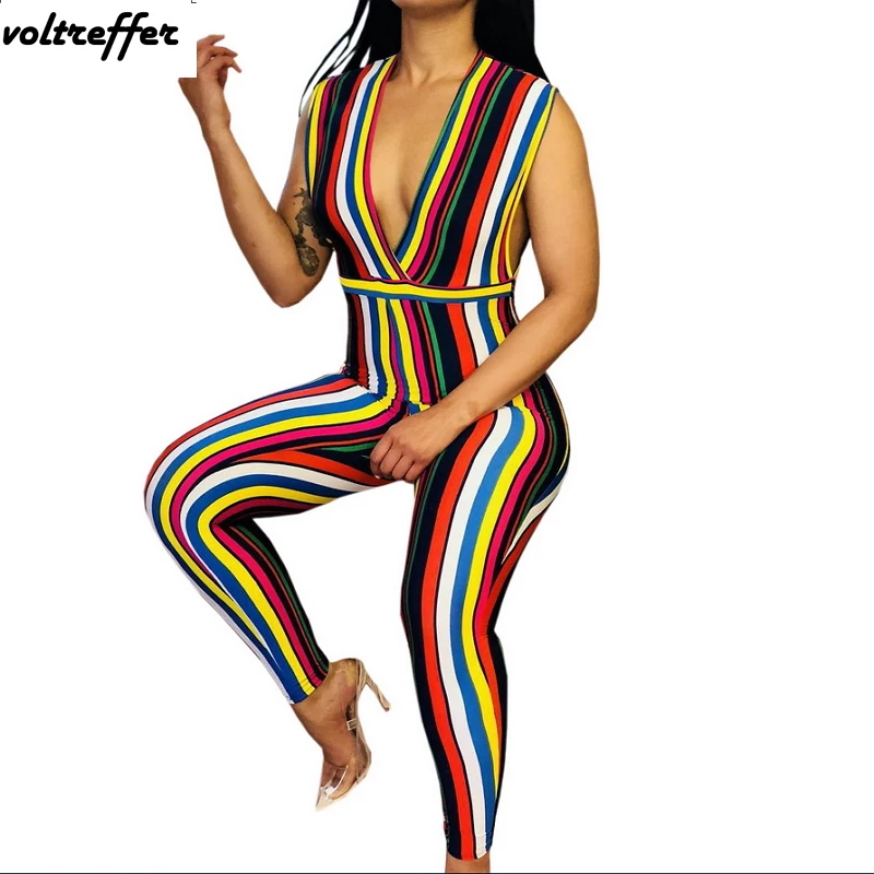 Deep V Neck Bandage Jumpsuit Tank Rainbow Multicolor Striped Printed ...