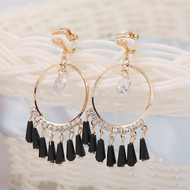 

Black circle clip-on earring rhinestone non pierced ear clip round tassel brincos