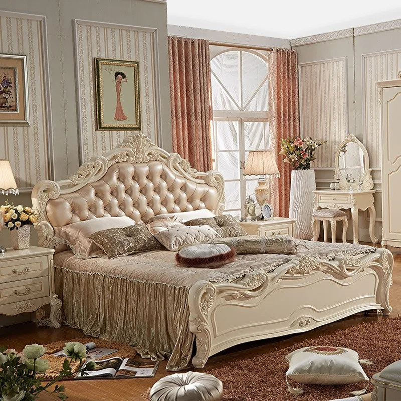 Высококачественная Модная европейская французская резная кожаная кровать, мебель для спальни 1,8 м d1402